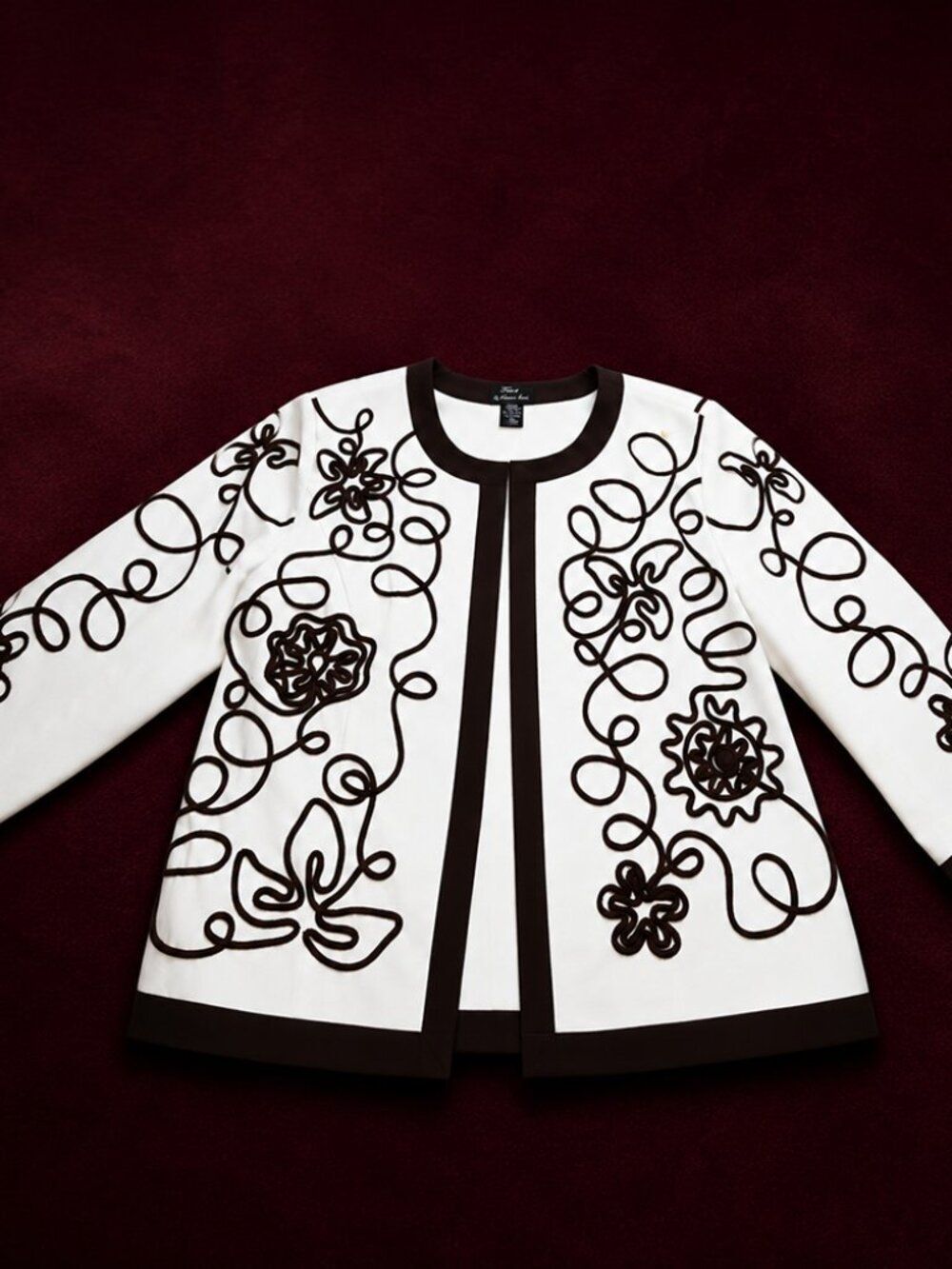 White Brown Floral Cord Embroidered Jacket XL Open Front Statement Layer